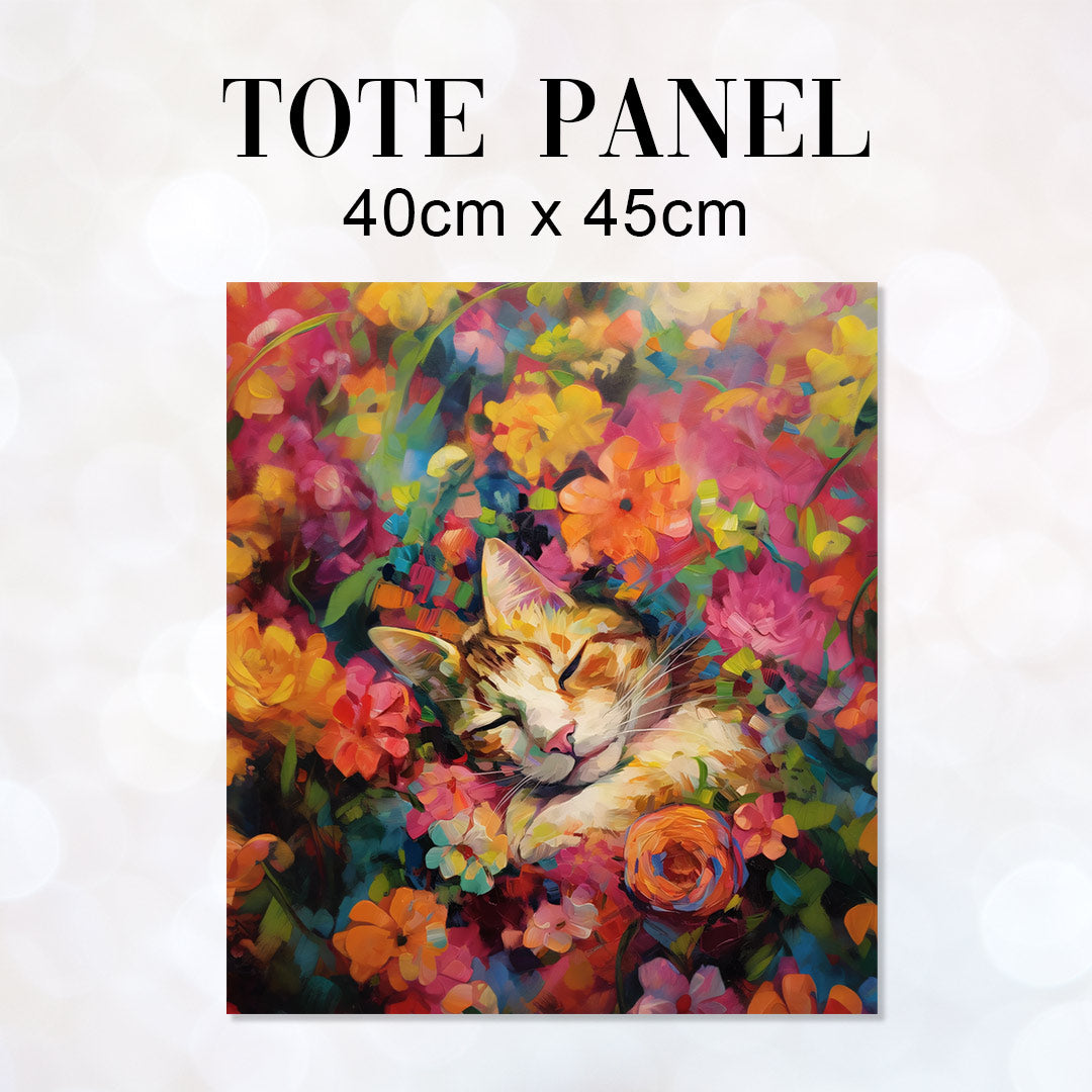 TOTE Sleeping Cat Amongst Flowers Fabric Bag Panel