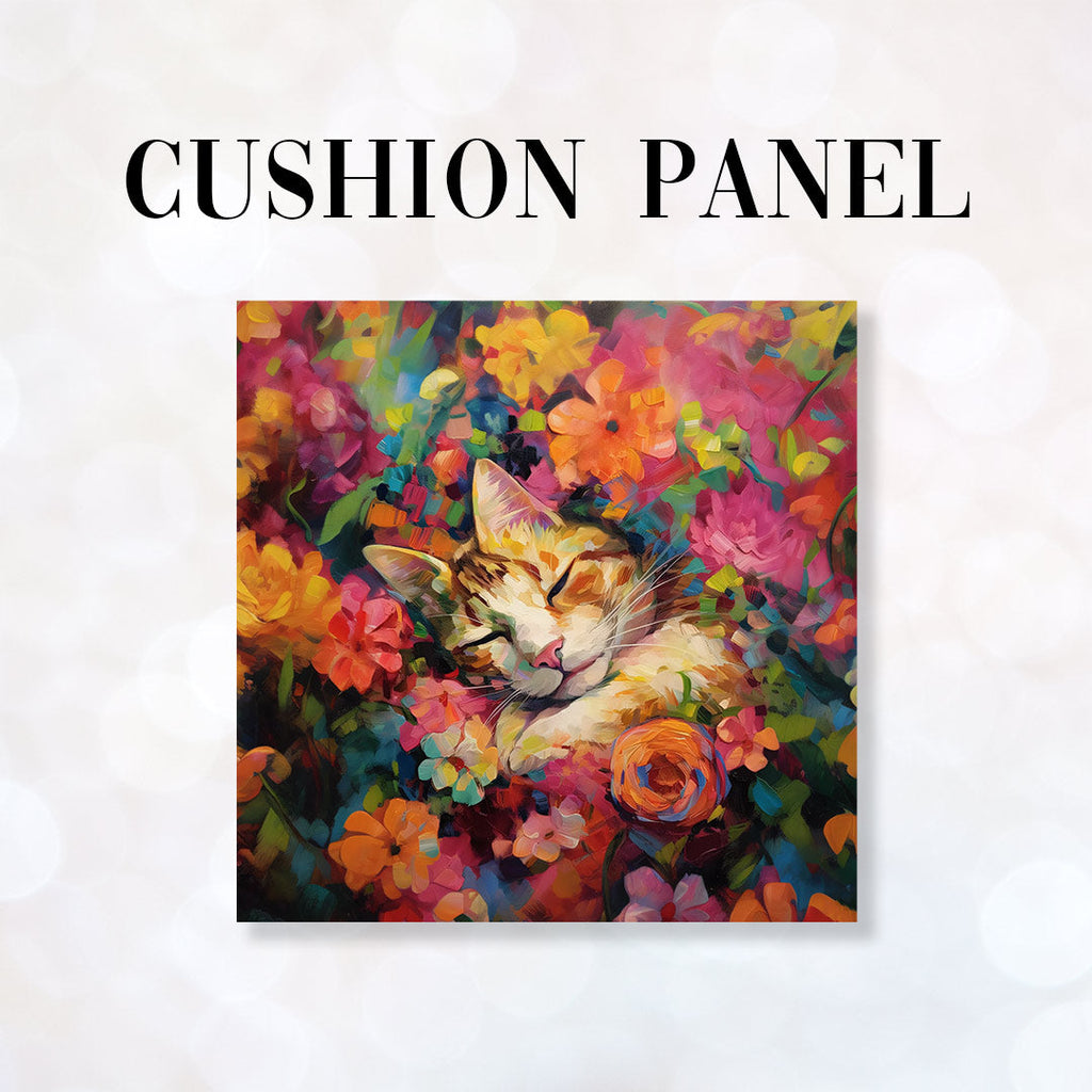 CUSHION Fabric Panel Sleeping Cat Amongst Flowers