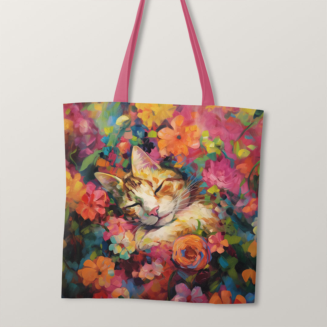 TOTE Sleeping Cat Amongst Flowers Fabric Bag Panel