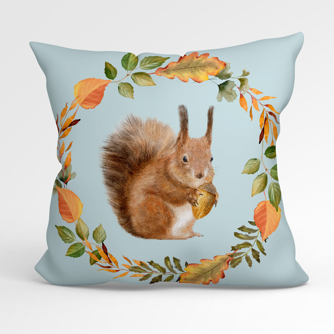 CUSHION Fabric Panel Squirrel Wreath Blue