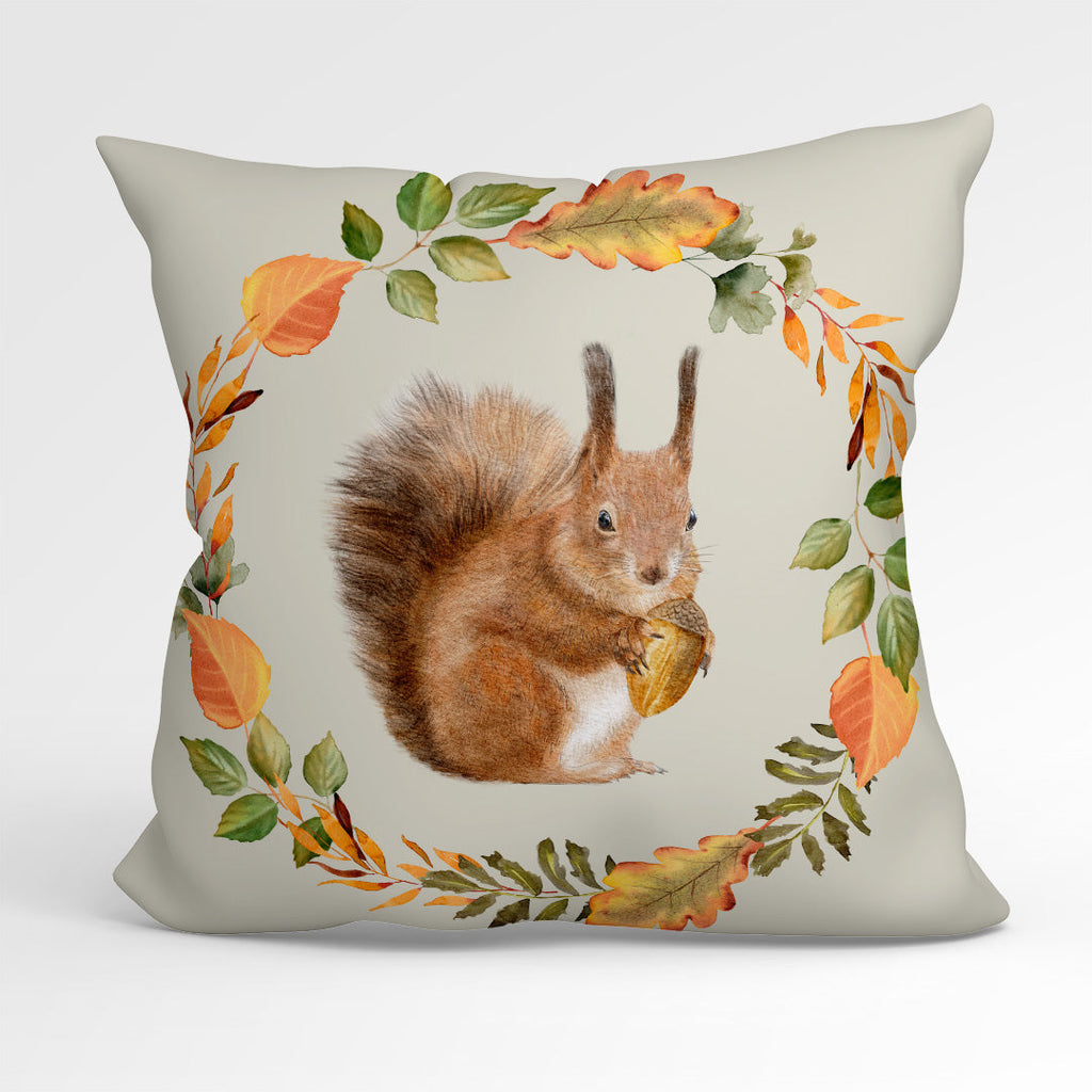CUSHION Fabric Panel Squirrel Wreath Cream