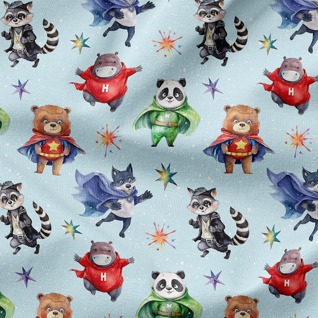 Superhero Animals Blue Fabric