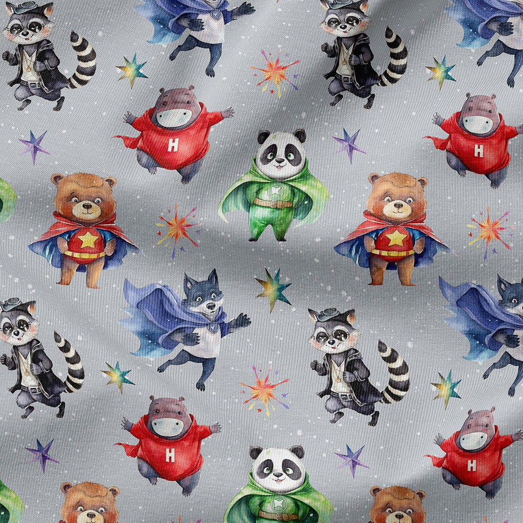 Superhero Animals Grey Fabric