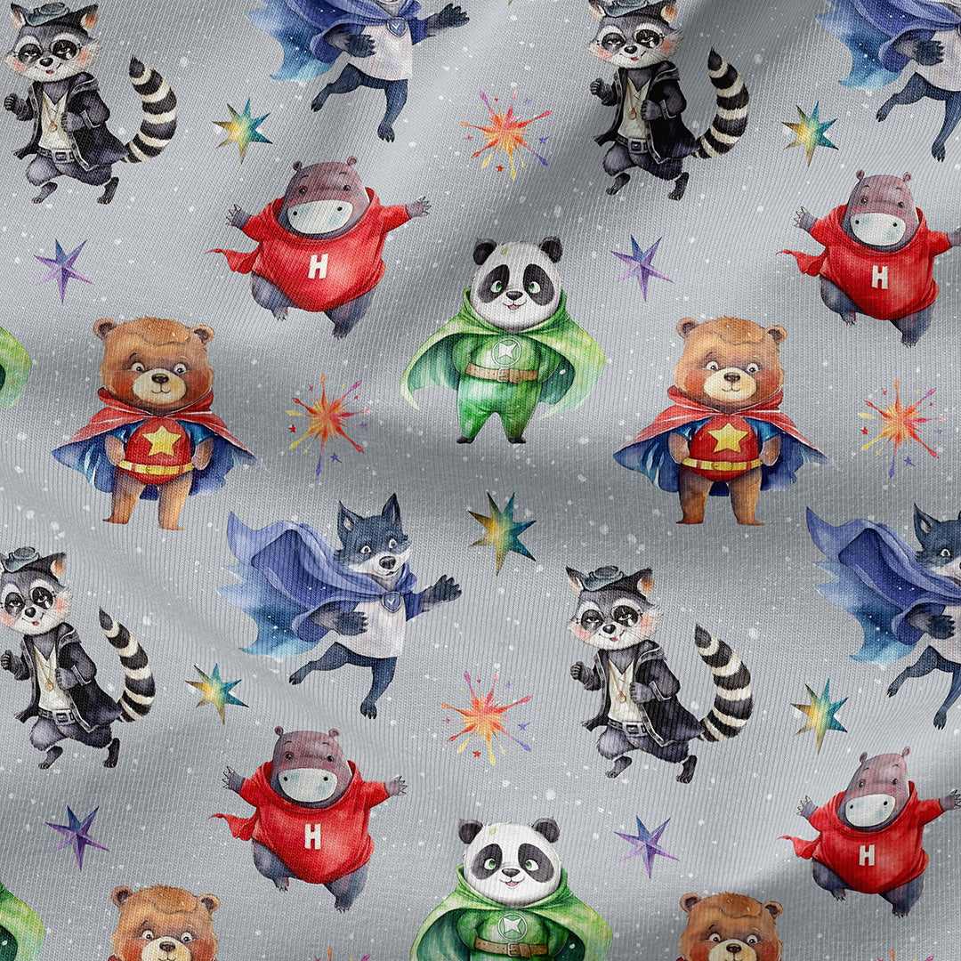 Superhero Animals Grey Fabric