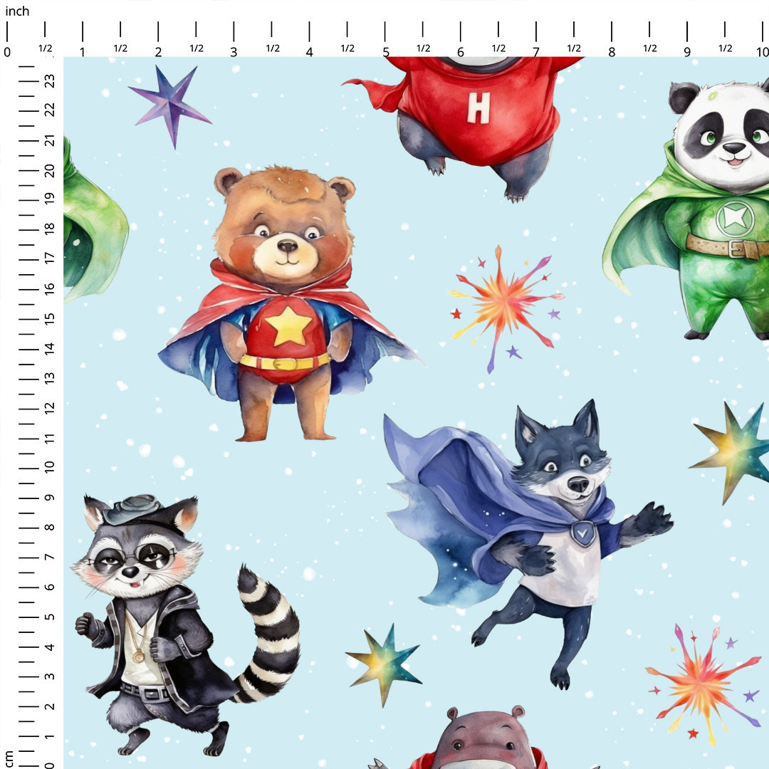Superhero Animals Blue Fabric