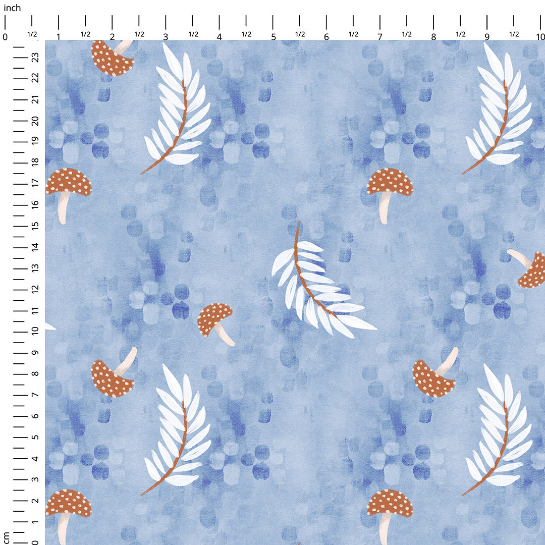 Tiny Mushrooms On Blue Fabric