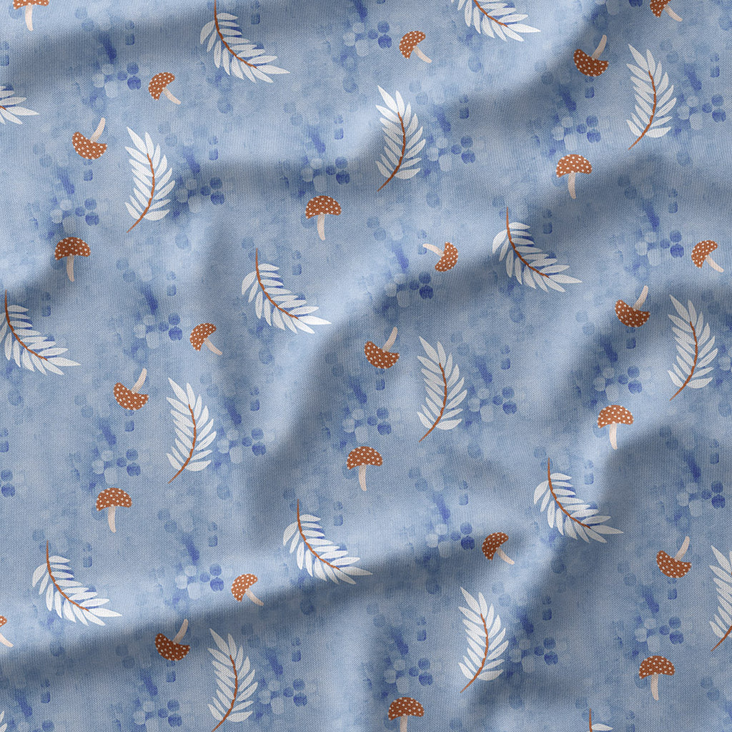 Tiny Mushrooms On Blue Fabric