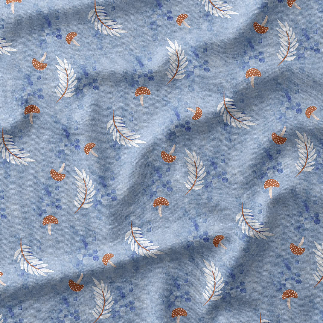 Tiny Mushrooms On Blue Fabric