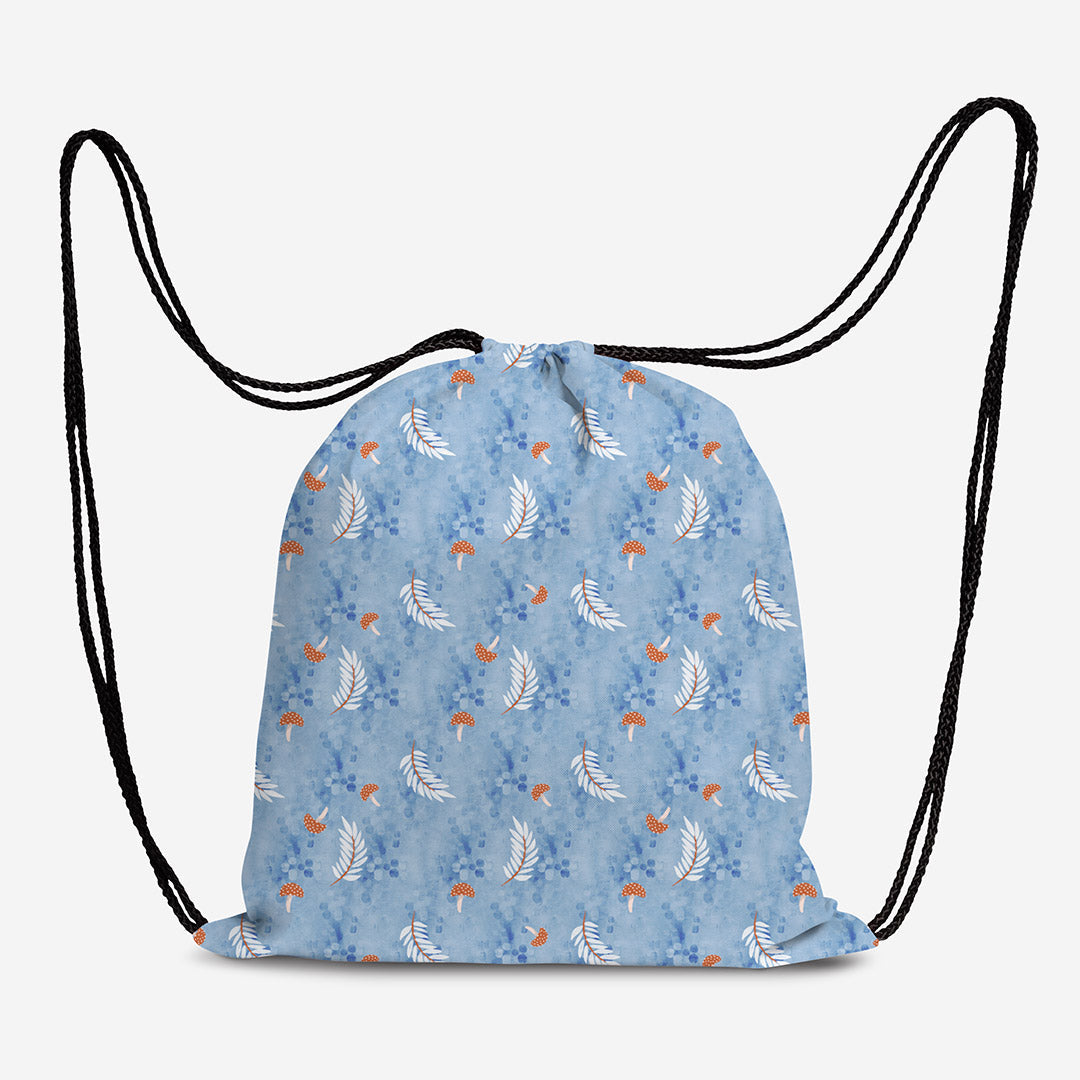 Tiny Mushrooms On Blue Fabric