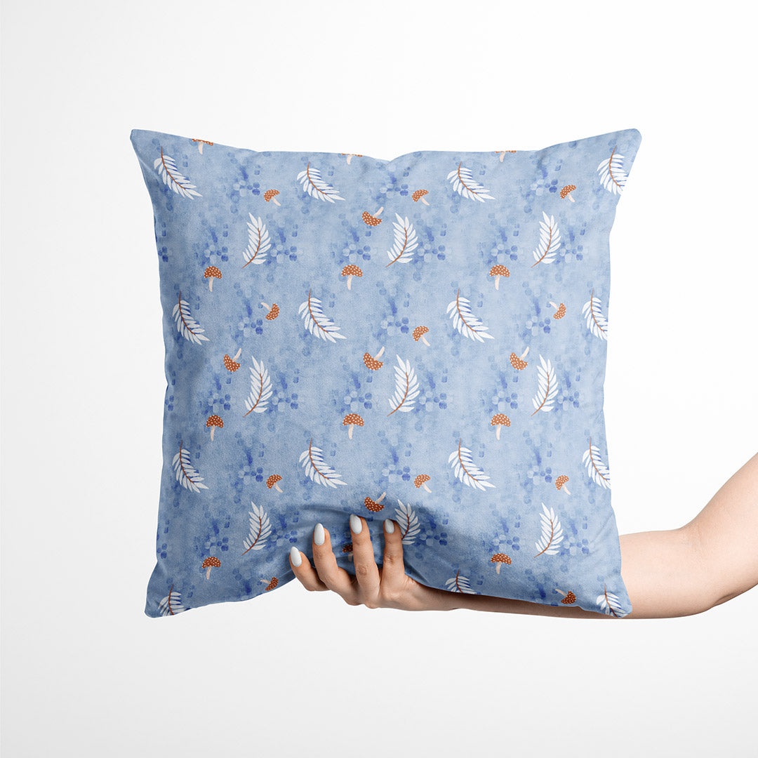 Tiny Mushrooms On Blue Fabric