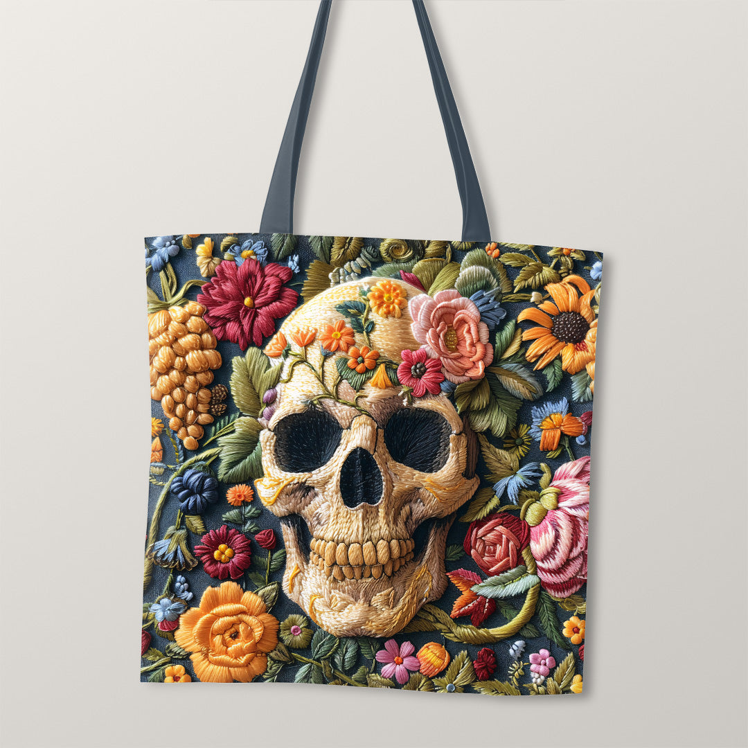 TOTE Fabric Bag Panel Embroidered Bright Floral Skull TP-232