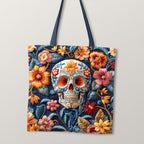 TOTE Fabric Bag Panel Embroidered Floral Skull Blue TP-233