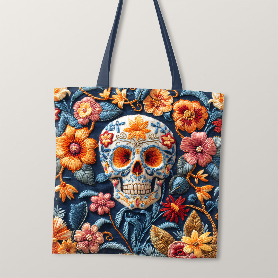 TOTE Fabric Bag Panel Embroidered Floral Skull Blue TP-233
