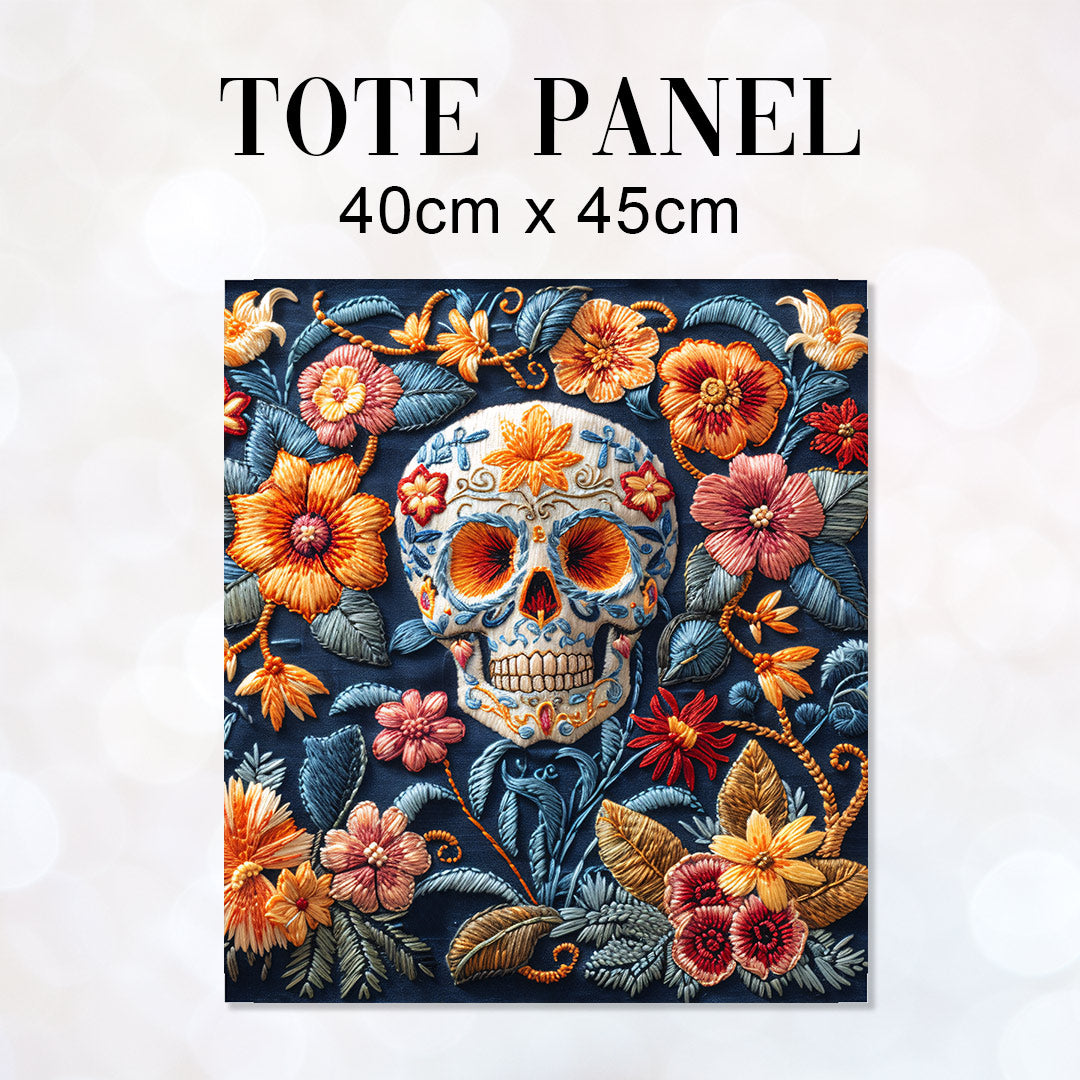 TOTE Fabric Bag Panel Embroidered Floral Skull Blue TP-233