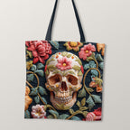 TOTE Fabric Bag Panel Embroidered Floral Skull Green TP-234