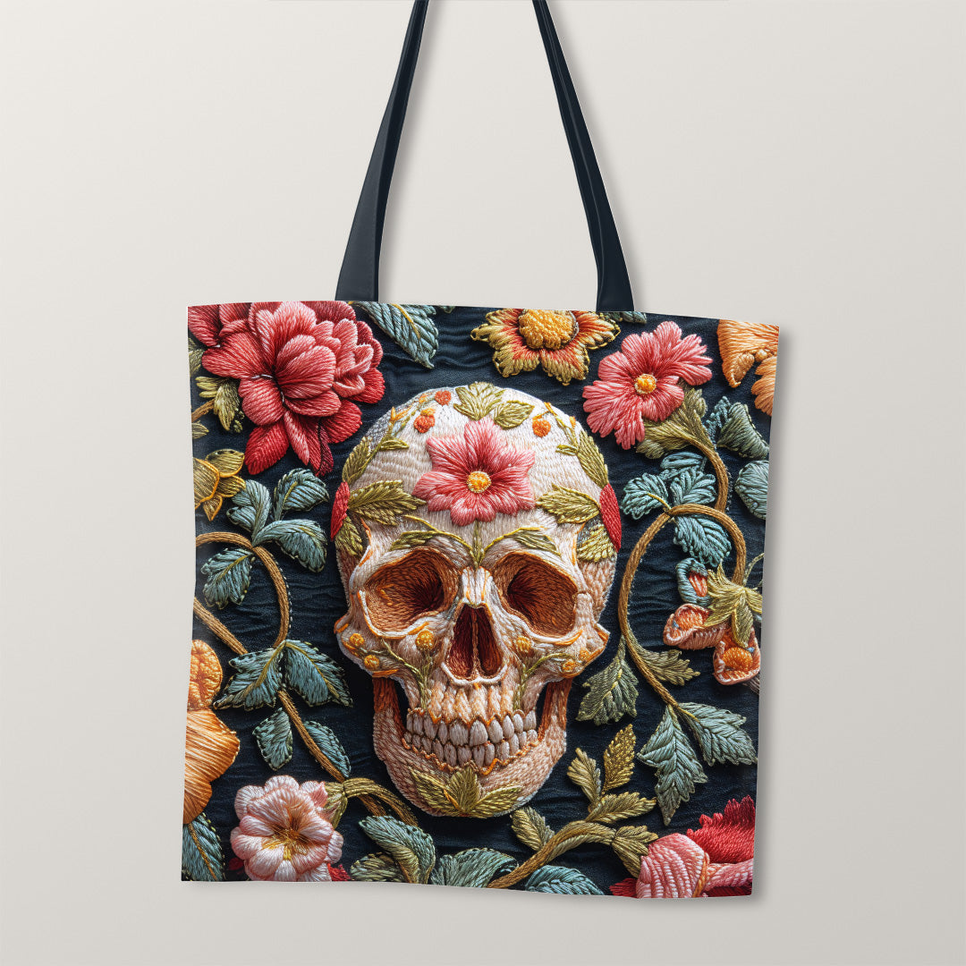 TOTE Fabric Bag Panel Embroidered Floral Skull Green TP-234