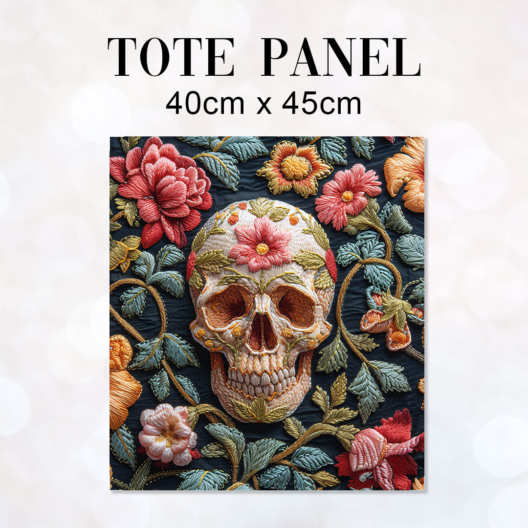 TOTE Fabric Bag Panel Embroidered Floral Skull Green TP-234