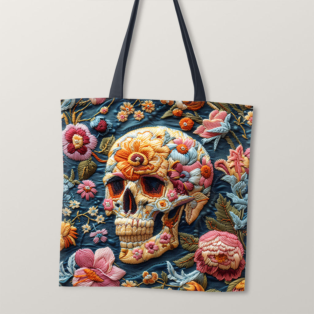 TOTE Fabric Bag Panel Embroidered Floral Skull TP-235
