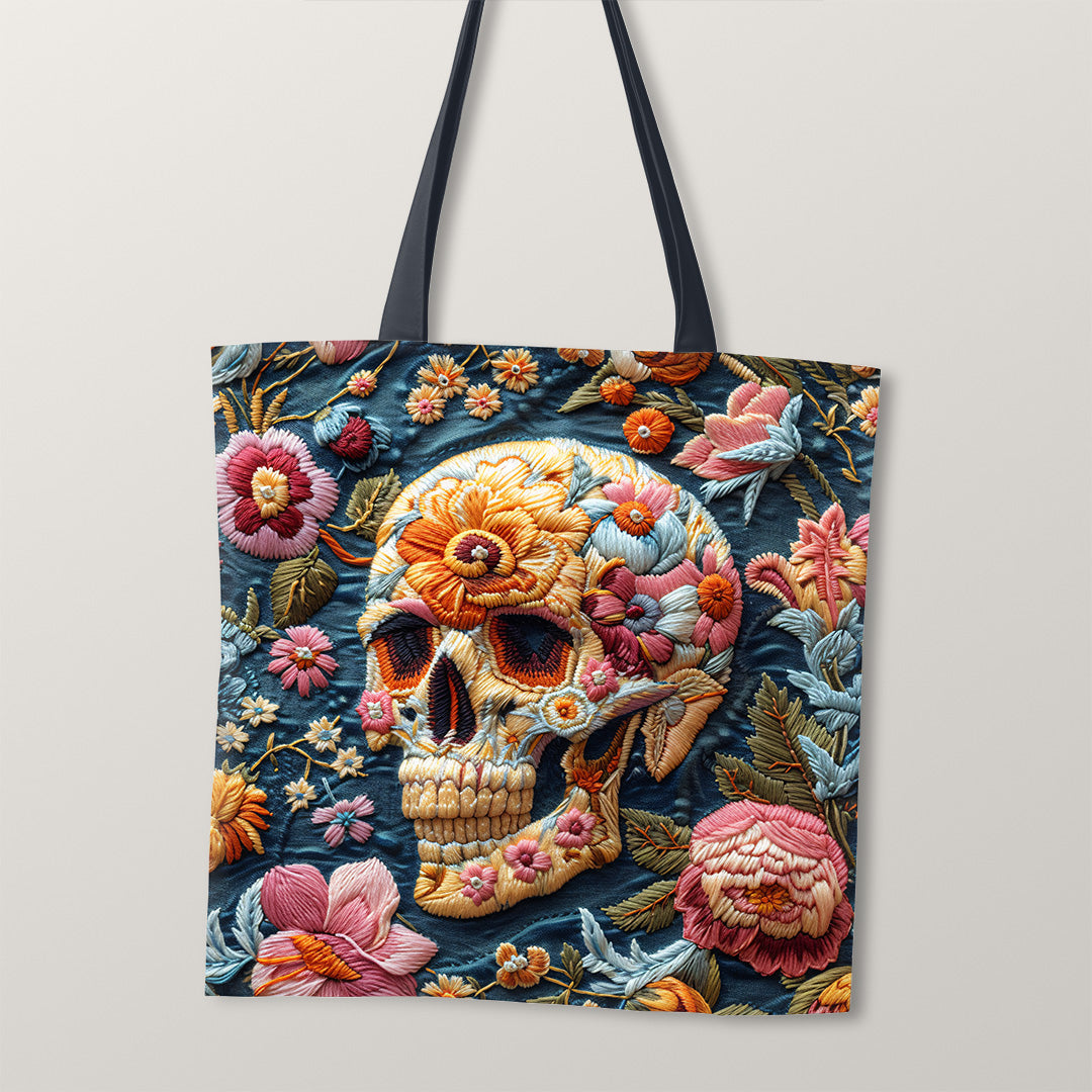 TOTE Fabric Bag Panel Embroidered Floral Skull TP-235