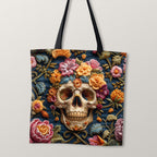 TOTE Fabric Bag Panel Embroidered Floral Skull 2 TP-236