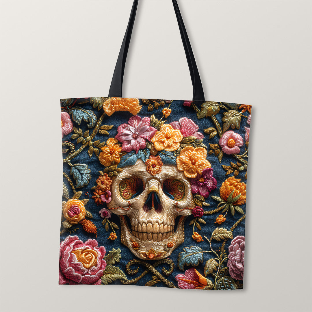 TOTE Fabric Bag Panel Embroidered Floral Skull 2 TP-236