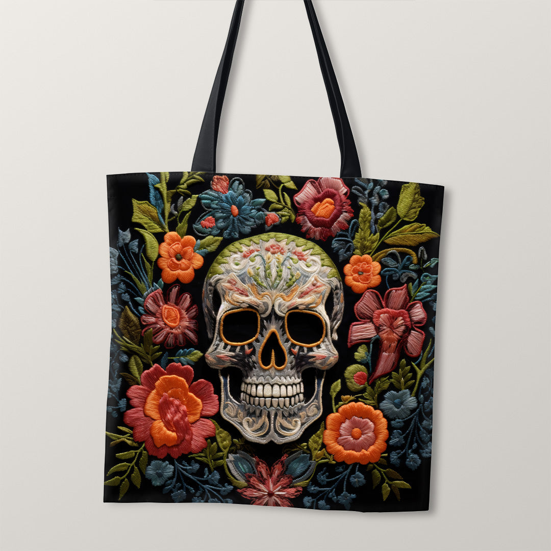TOTE Fabric Bag Panel Embroidered Skull Black TP-237
