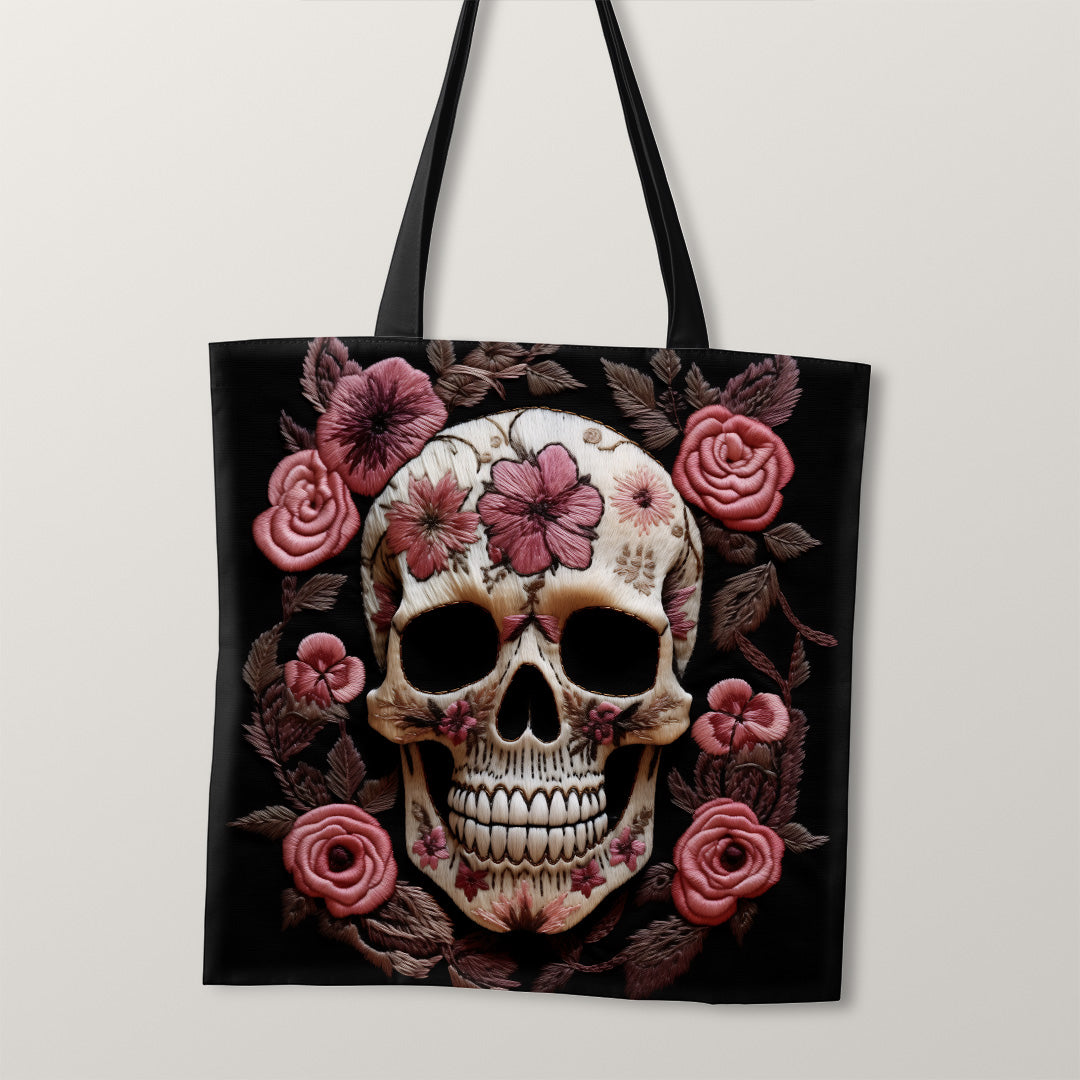 TOTE Fabric Bag Panel Pink Roses Skull TP-248