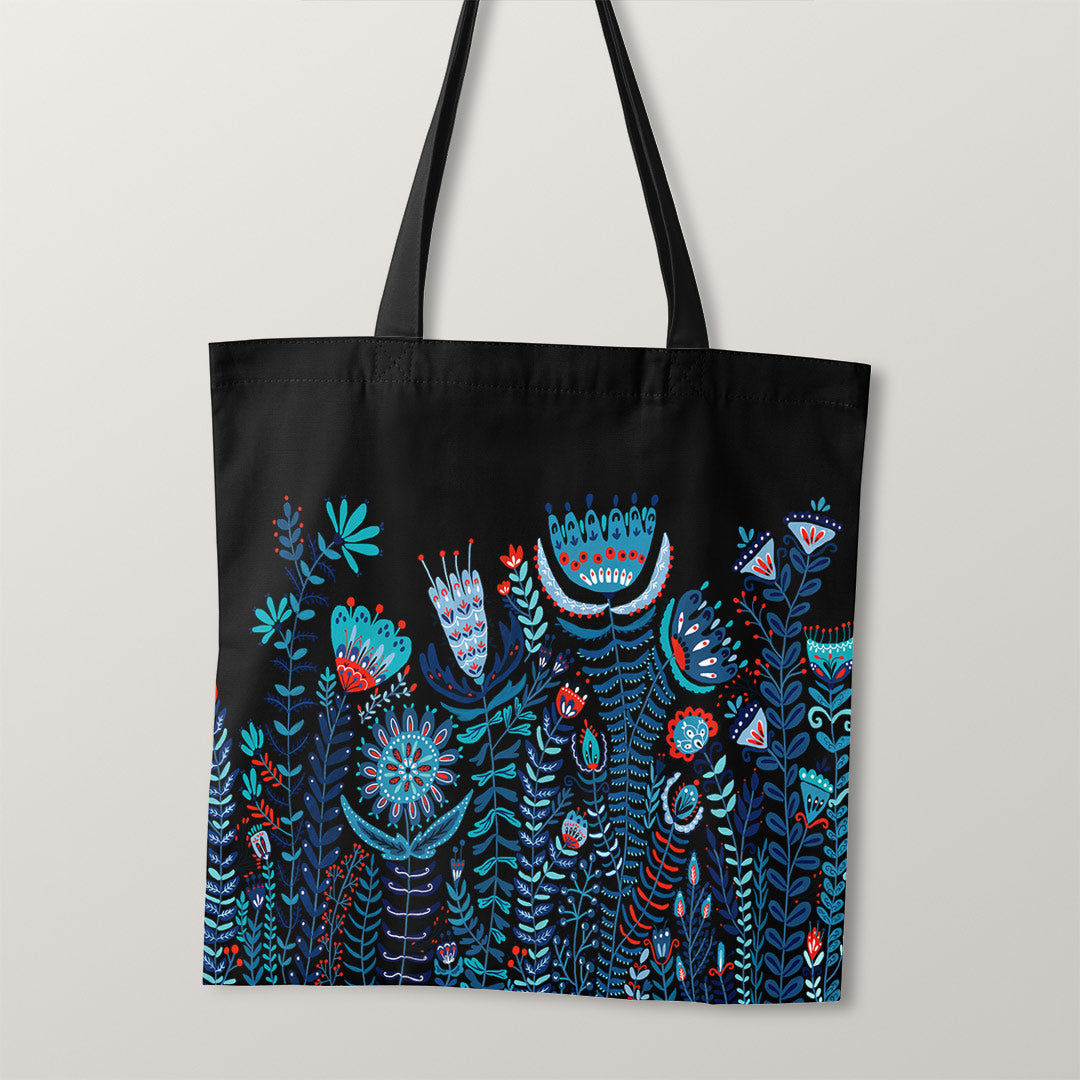 TOTE Folk Floral Black TP-30 Fabric Bag Panel