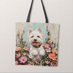 TOTE Cute Floral White Westie Fabric Bag Panel TP-381