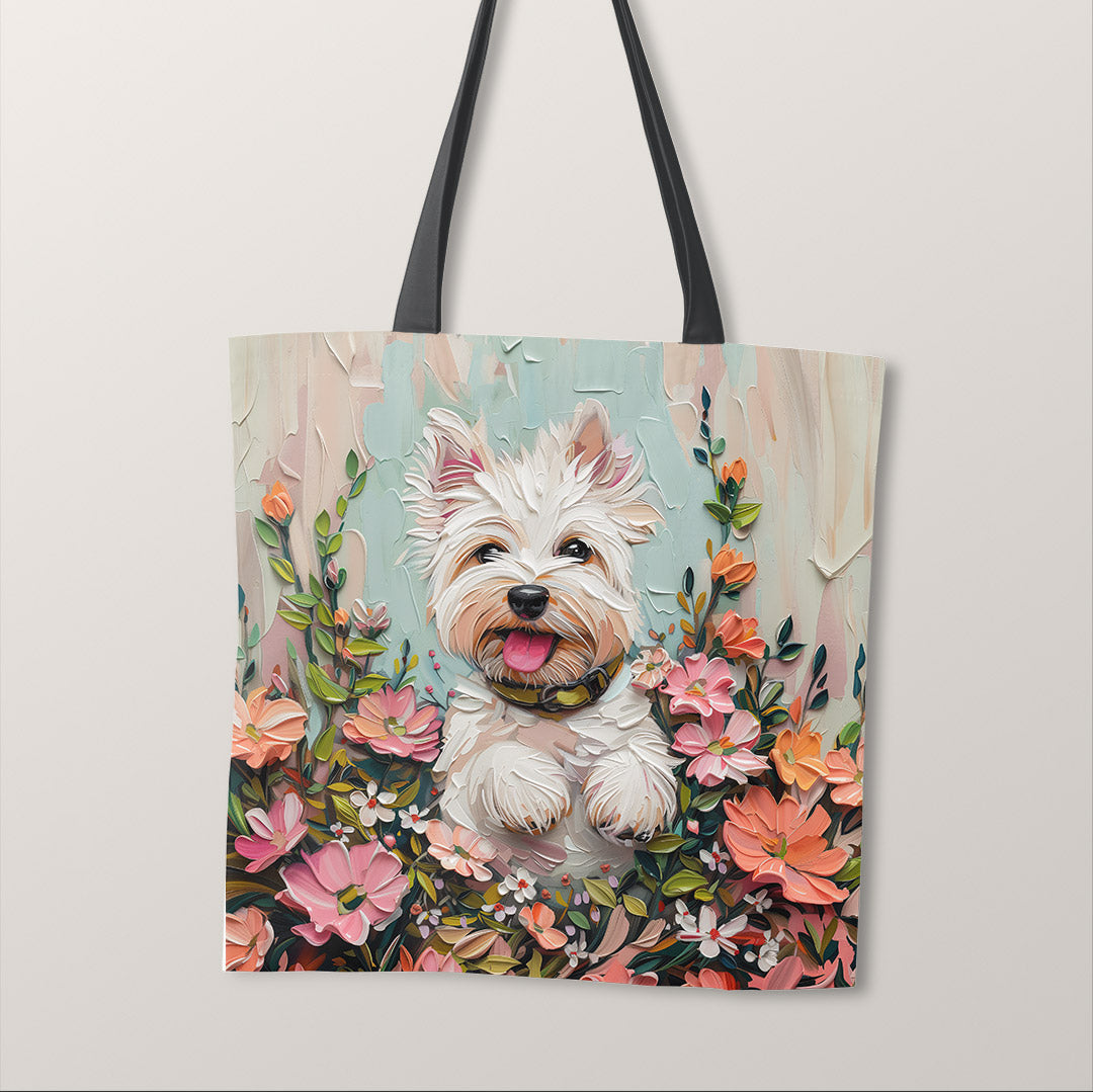 TOTE Cute Floral White Westie Fabric Bag Panel TP-381