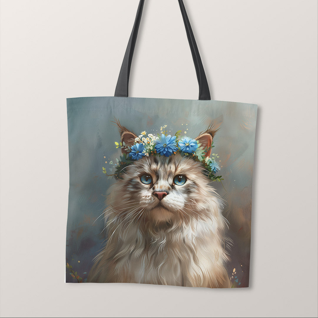 TOTE Floral Headband Ragdoll Cat Blue Fabric Bag Panel TP-388