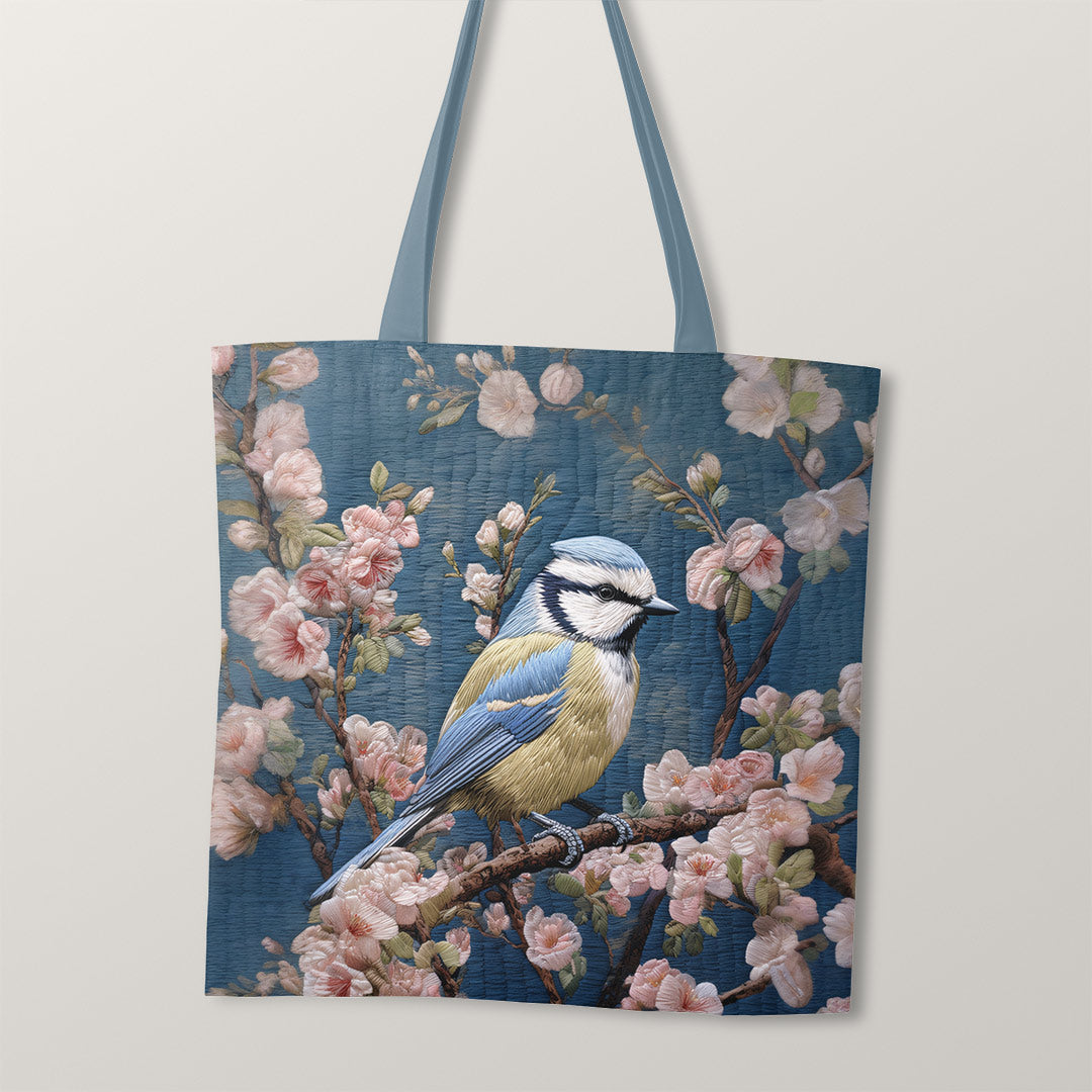 TOTE Embroidered Blue Tit Bird TP-43 Fabric Bag Panel