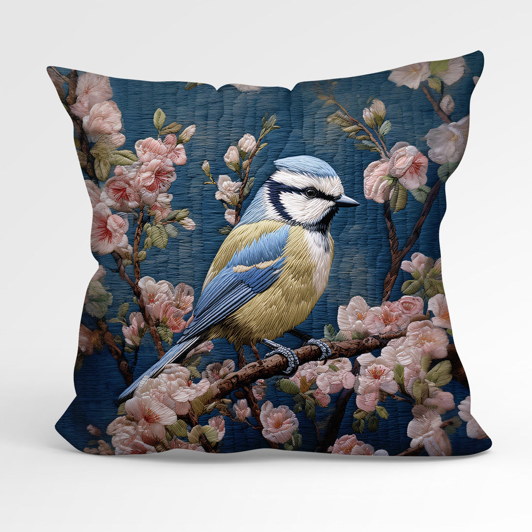 CUSHION Fabric Panel Embroidered Blue Tit Bird CP-43