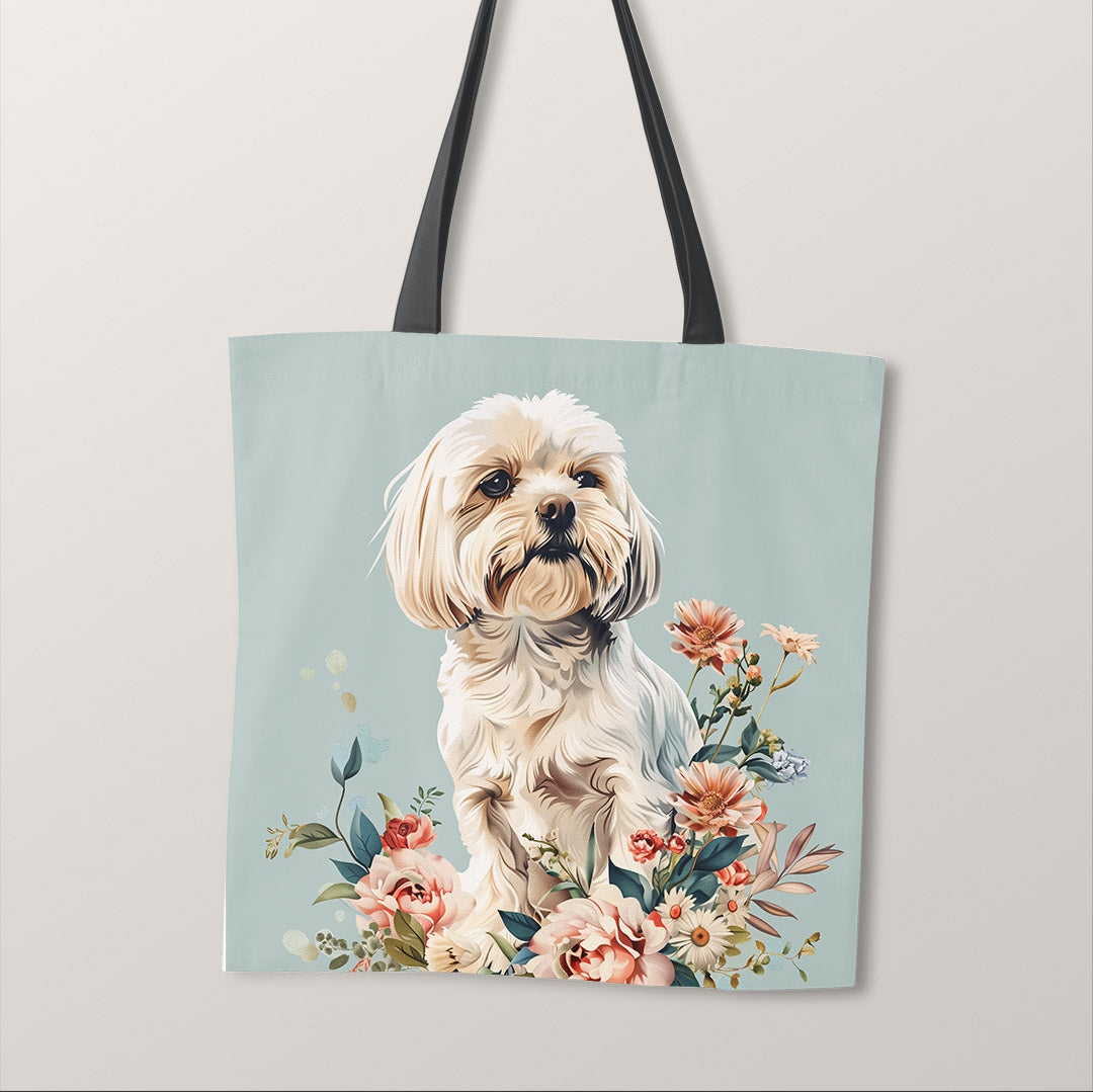 TOTE Floral Maltese Dog 3 Fabric Bag Panel TP-528