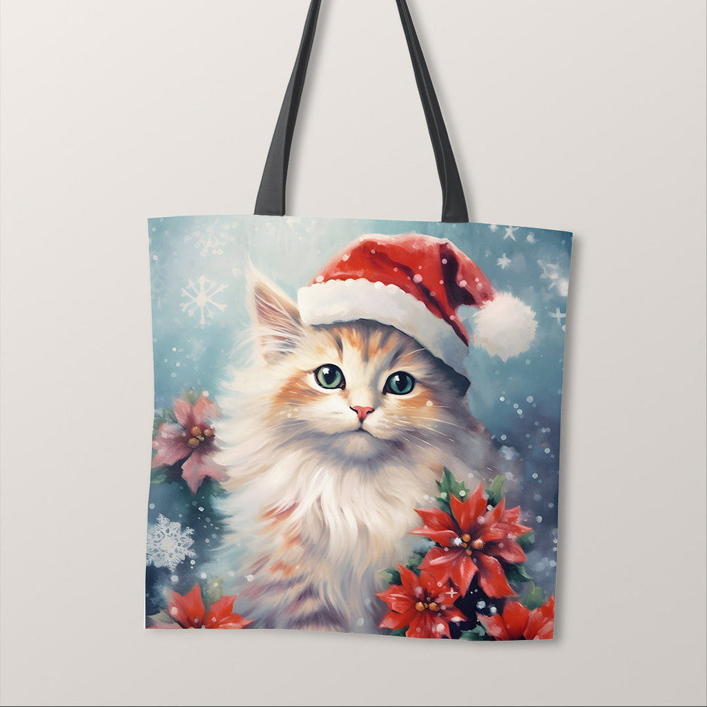 TOTE Christmas Cat Poinsettia Fabric Bag Panel TP-612