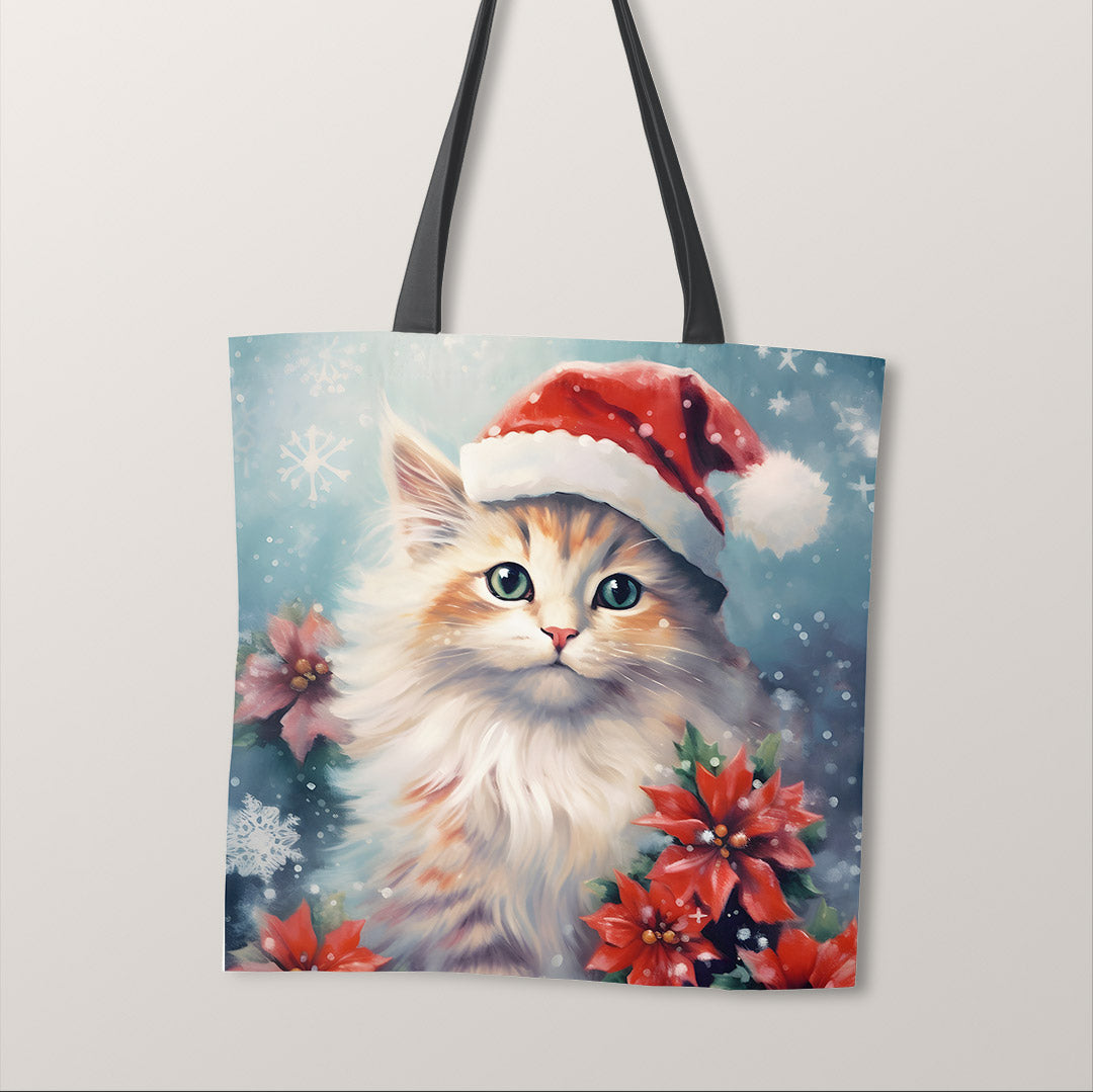 TOTE Christmas Cat Poinsettia Fabric Bag Panel TP-612