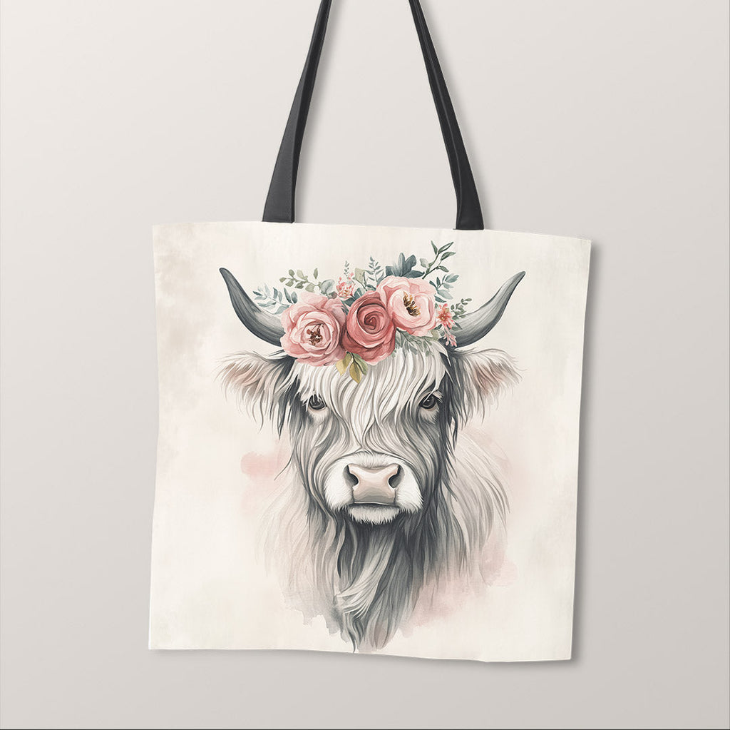 TOTE Floral Highland Cow Fabric Bag Panel TP-640