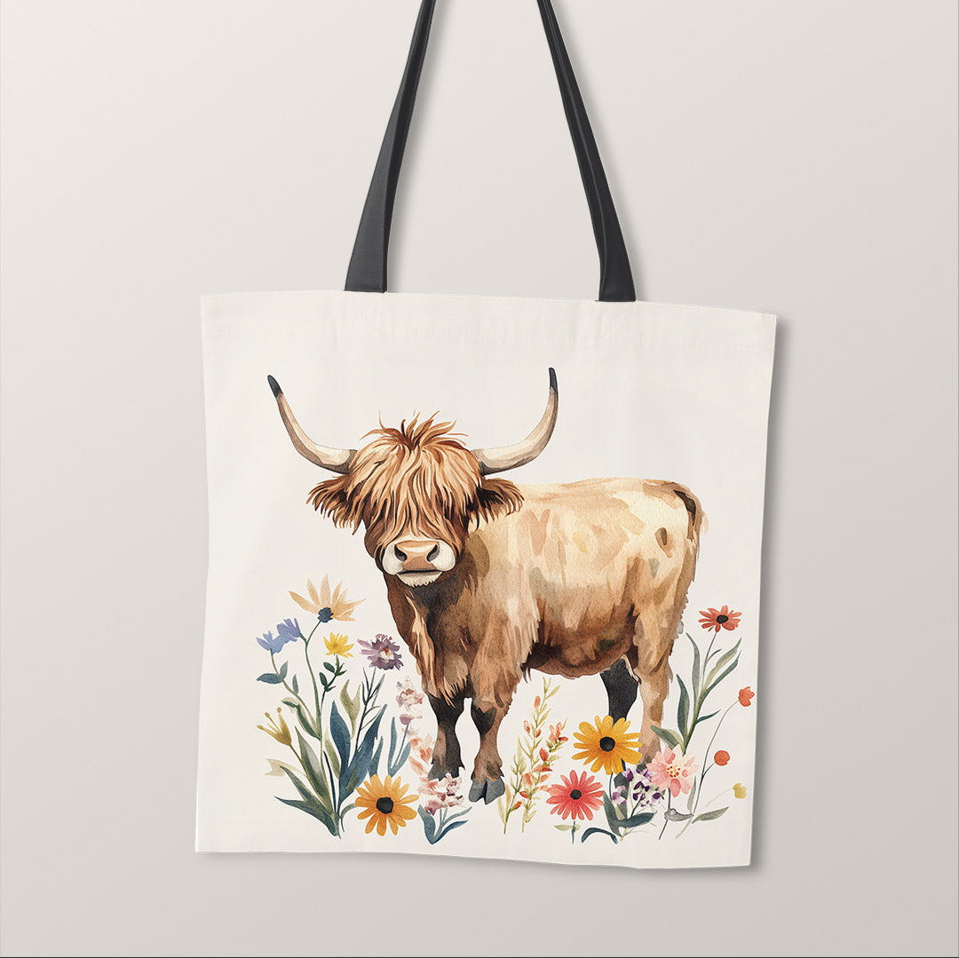 TOTE Vintage Floral Highland Cow Fabric Bag Panel TP-655