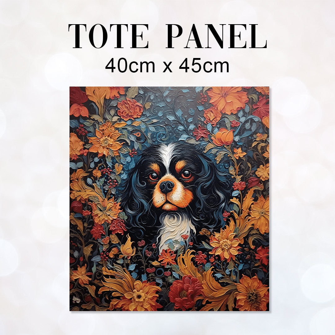 TOTE Floral Black and Tan King Charles Cavalier TP-81 Fabric Bag Panel
