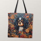 TOTE Floral Black and Tan King Charles Cavalier TP-81 Fabric Bag Panel
