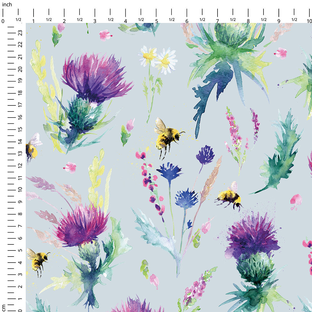 Thistle and Bee Blue Grey Fabric