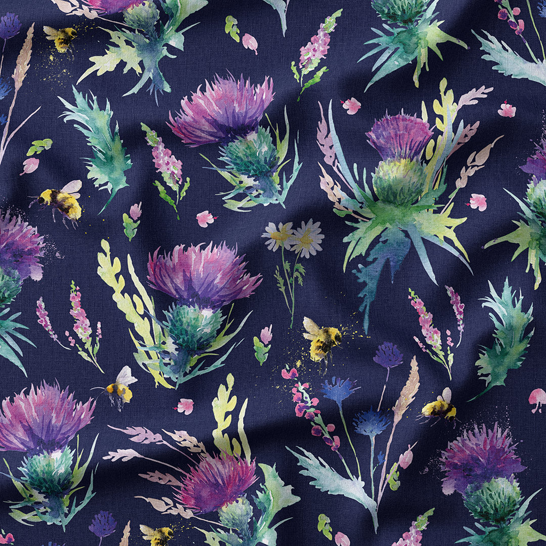 Scottish Thistle and Bee Navy fabric for Outdoor Cushions, Dressmaking ...