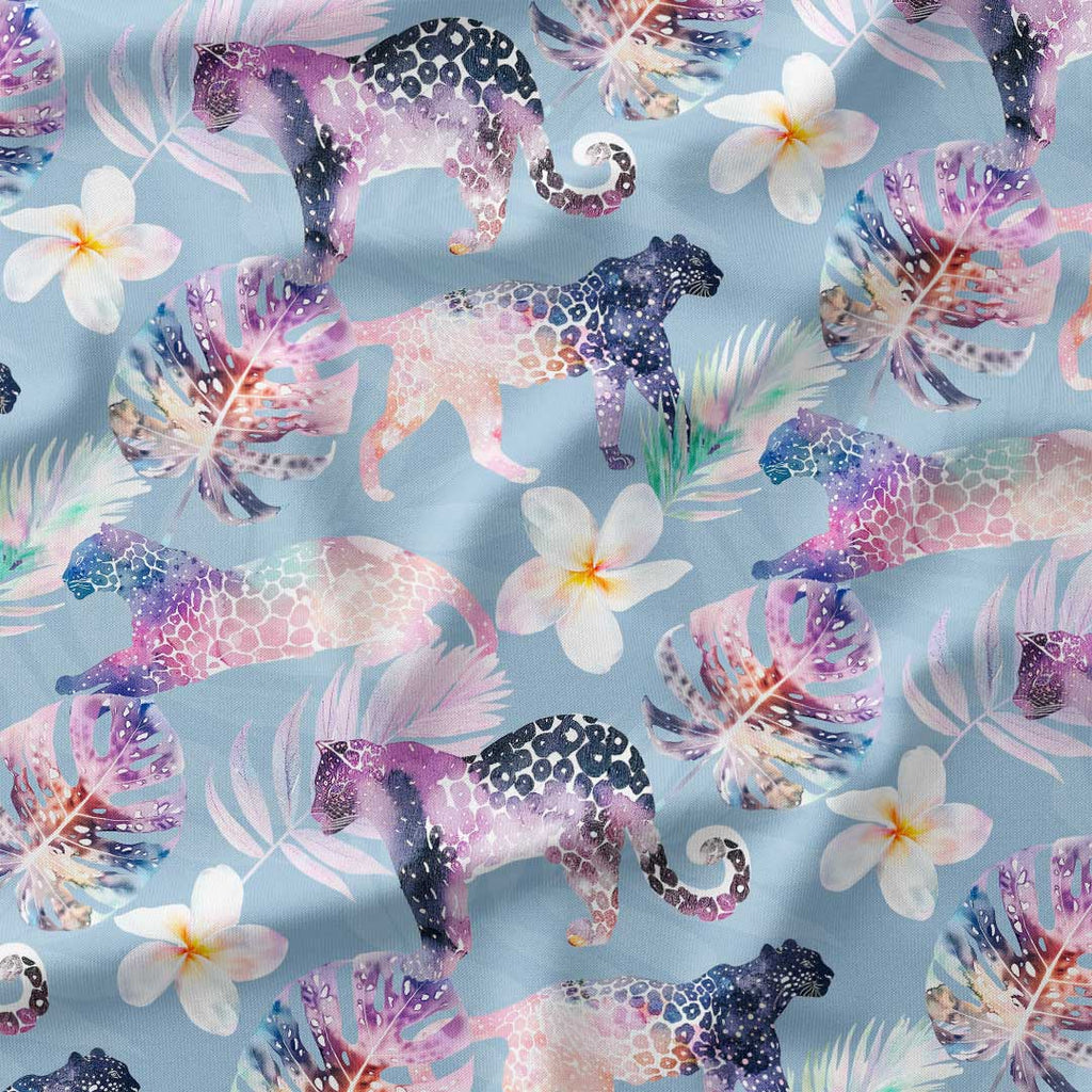 Tropical Leopards Dusky Blue Fabric