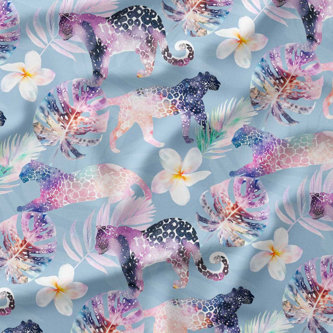 Tropical Leopards Dusky Blue Fabric