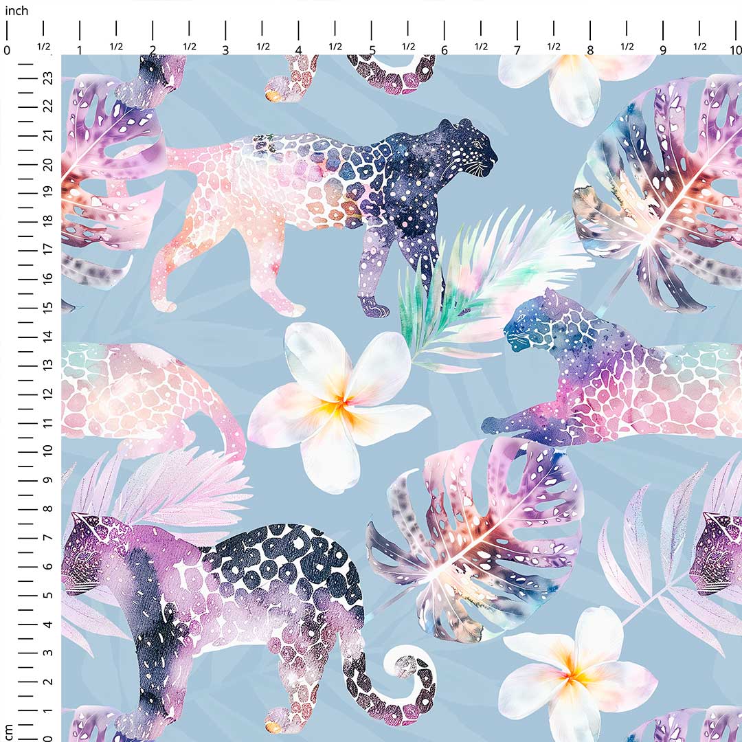 Tropical Leopards Dusky Blue Fabric