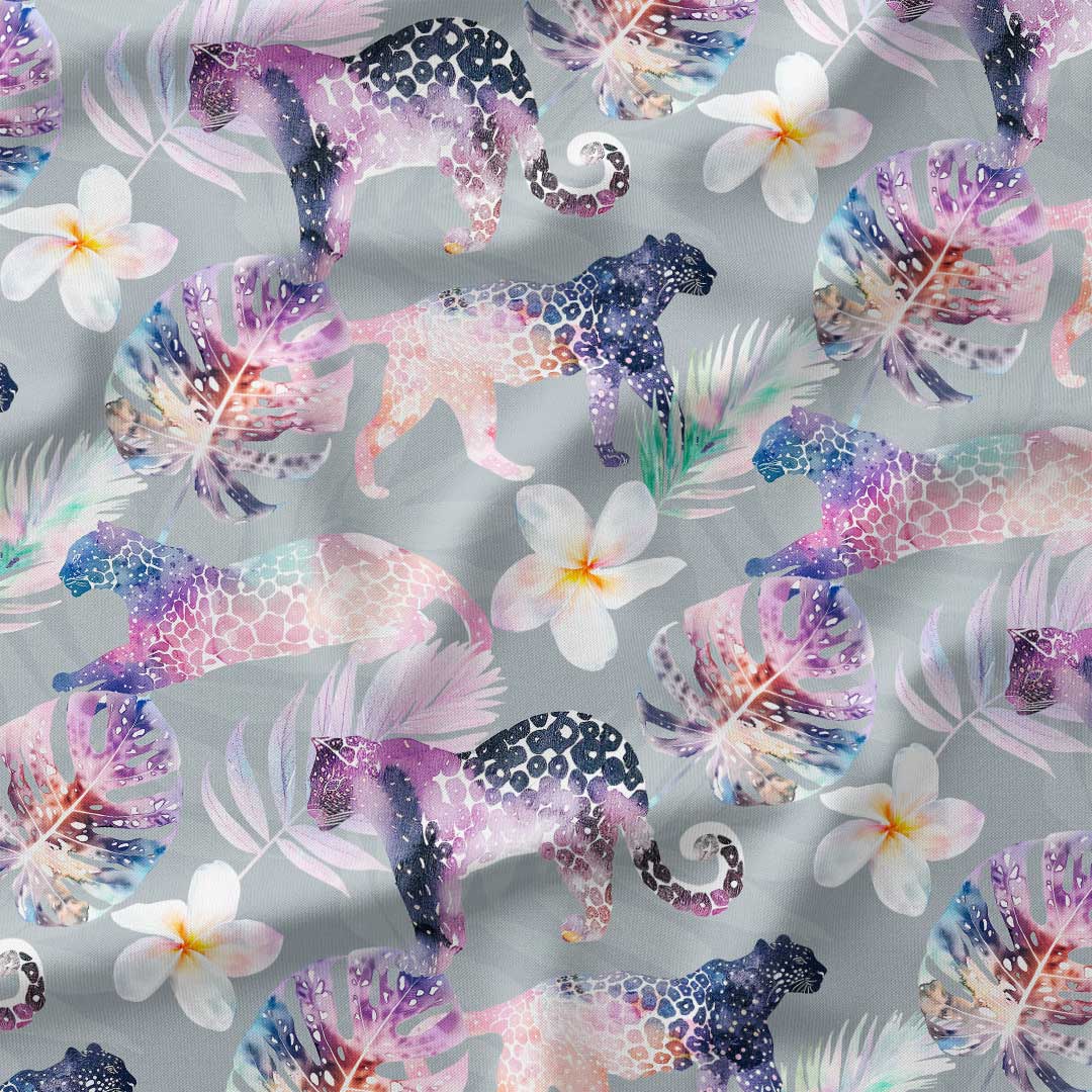 Tropical Leopards Grey Fabric