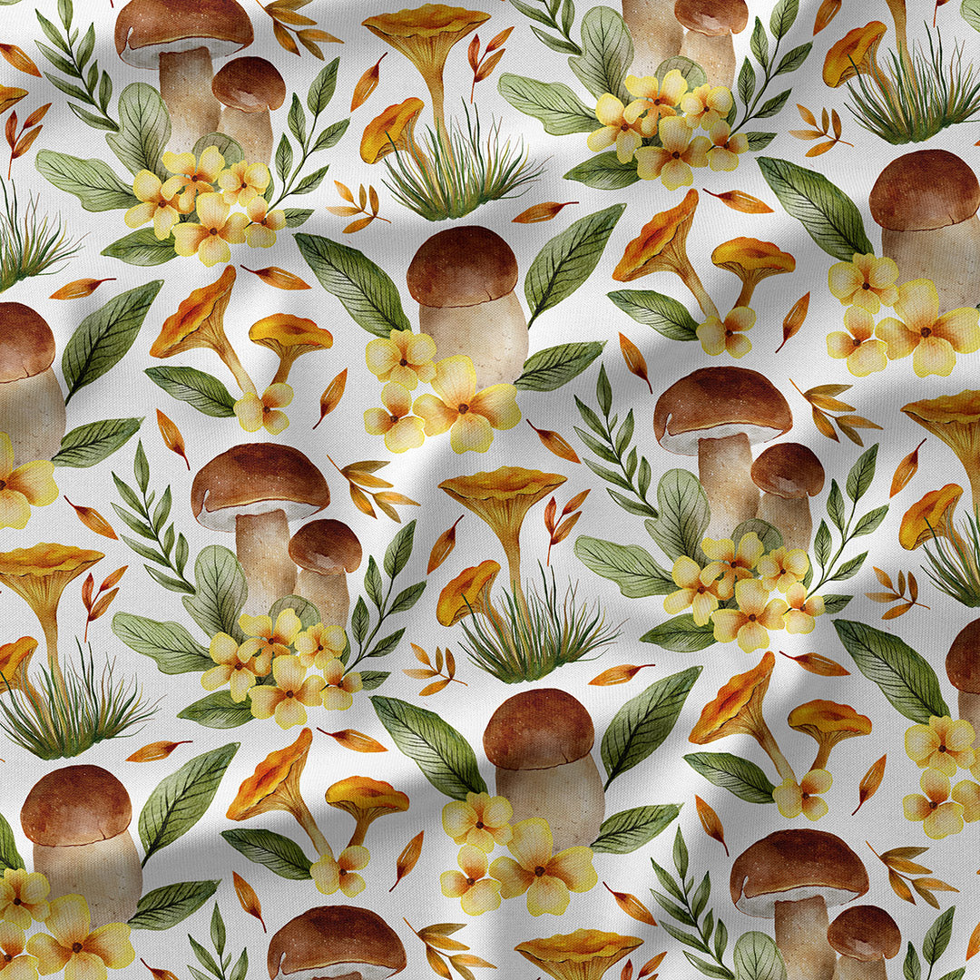 Watercolour Mushrooms On White Fabric