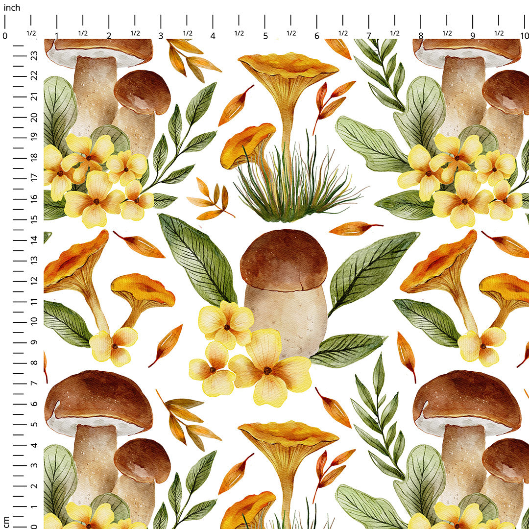 Watercolour Mushrooms On White Fabric