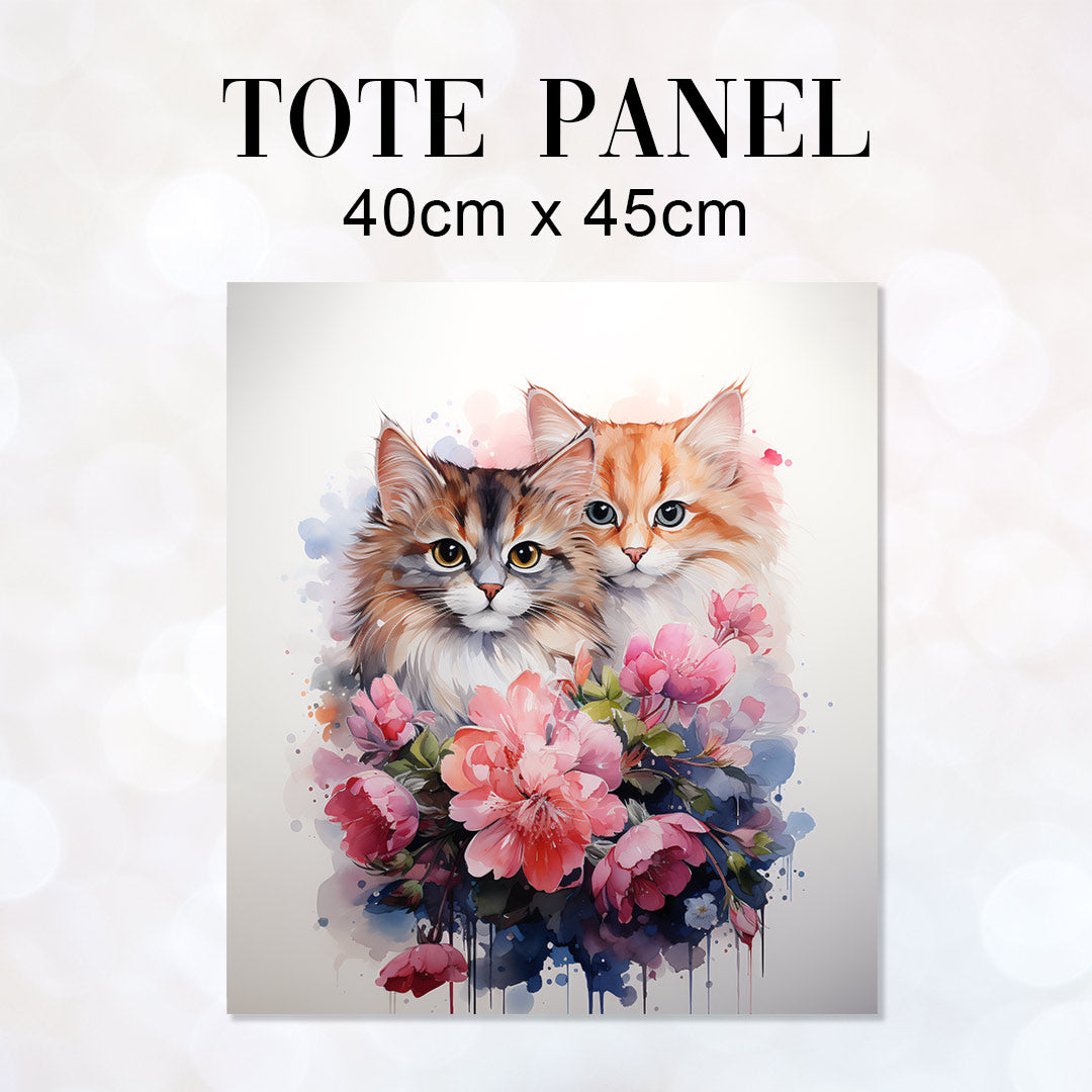 TOTE Watercolour Cats and Flowers Fabric Bag Panel