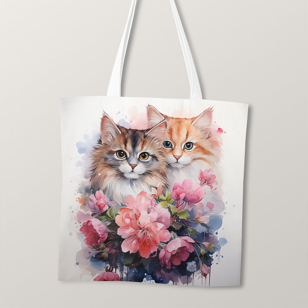 TOTE Watercolour Cats and Flowers Fabric Bag Panel